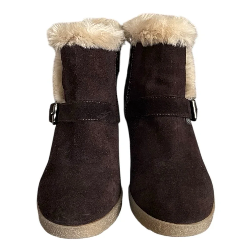 Aquatalia Carlotta Shearling‎ Trim Brown Suede Ankle Boots Retail $398